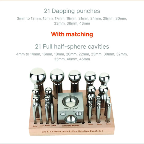 Steel Dapping Block And Punch Set For Jewelry Making And Metal Forming with 2.5 Inch Block and 21 Punches on Wooden Stand