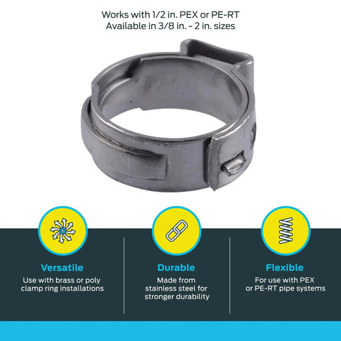 Half Inch Clamp Ring for PEX PE RT Pipes, Stainless Steel Plumbing Fittings, Easy Slide On, SharkBite Certified for Leak-Free Connections