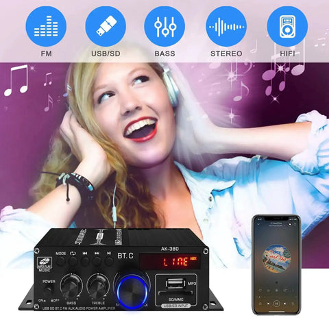 Woman enjoying music with Beefy 400W And 400W Peak HiFi Stereo Amplifier, Bluetooth 5.0, FM Radio, USB, SD, AUX, 2 Channel Amp Receiver.