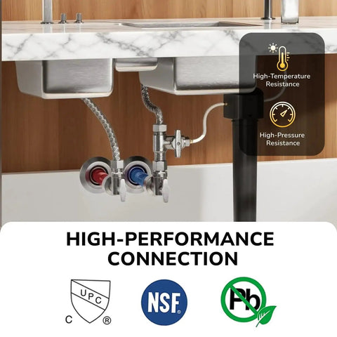 Installed Push Fit One Half Inch PTC To Three Eighths Inch OD Compression Straight Stop Valve For Toilet And PEX Copper CPVC Lines No Solder Or Glue Brass Fitting With Quarter Turn And Disconnect Clip For Quick Maintenance And Emergency Shutoff shown under sink