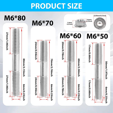 Image of M6 Threaded Double Ended Studs Flange Nuts 50mm 60mm 70mm 80mm 304 Stainless showing product sizes.