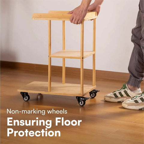 Wooden cart with heavy-duty caster wheels with brakes for trolleys and outdoor furniture, showing floor protection feature.