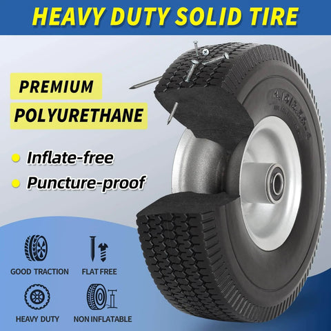 Flat Free 10 Inch Solid Tire Wheel For Hand Trucks Garden Wagons Carts Trolleys And Dollies Replacement 4.10/3.50-4 With 5/8 Inch Axle Bore And 2.2 Inch Offset Hub Heavy Duty 350 Lb Load Capacity, showing cutout view of polyurethane material.