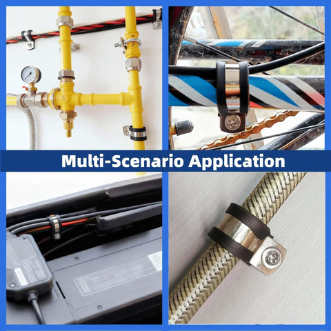 Cable clamps kit, 304 stainless steel with rubber cushions, on yellow pipework (panel 1 of 4).
Cable clamps kit, stainless steel with rubber cushions, installed on bicycle frame (panel 2 of 4).
Cable clamps kit securing wiring in equipment bay along cables (panel 3 of 4).
Cable clamps kit close-up on braided hose with metal strap (panel 4 of 4).