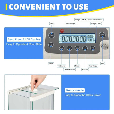 Close-up of LCD display and wind shield on Hyper Accurate 0.0001g Analytical Balance With LCD Display 18 Units USB RS232 Interface