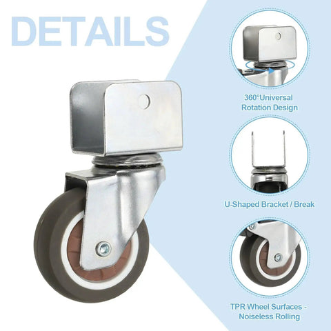 Swivel Caster Wheels Set Four Pcs 2 Inch 50 Mm Thermoplastic Rubber With 1 Inch U Bracket Opening For Furniture Office Chairs Carts Cabinets 55 Lb Capacity Per Caster Brown Ideal For Home And Workplace Use displayed showing U bracket and rotation design.