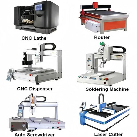 Image of various CNC machines including a CNC lathe, router, dispenser, soldering machine, auto screwdriver, and laser cutter.