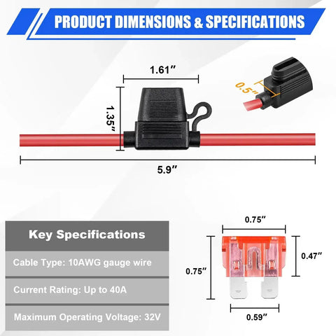 10 Gauge Inline Fuse Holder 40A Four Pack For 12V Cars Trucks Boats Marine ATVs Motorbikes with 10 AWG tinned copper wiring dimensions