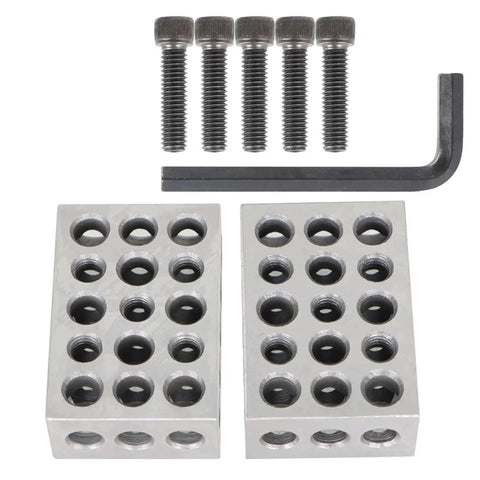 Pro Grade 1 By 2 By 3 Inch Precision Blocks Set With 23 Holes 5 Tapped To 3/8-16 And 18 Untapped Includes Screws And Hex Key Hardened Tool Steel