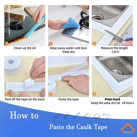 Step-by-step guide showing how to apply Waterproof Self Adhesive Sealant Tape For Bathrooms And Kitchen White on sink edges.