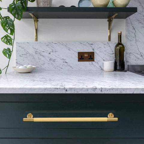 Kitchen cabinet with Two Pack Solid Brass Cabinet Pulls with Grooved Gold Bar Handles, 12.6 Inch Center to Center, brushed brass finish
