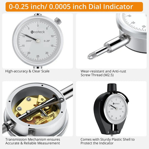 0-0.25 inch dial indicator with screw thread, transmission mechanism, and plastic shell for reliable measurements.