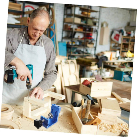 Man using Pocket Hole Jig Handy Woodworking Tool For DIY Carpentry Easy To Use For Cabinets And Furniture Assembly