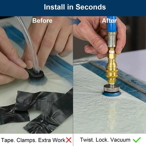 Comparison of vacuum bagging process before and after using Leak-Free Twist-Lock Vacuum Bagging Connector for Carbon Fiber and Fiberglass, One Quarter Inch NPT, 6061 Aluminum Port that seals instantly and prevents pressure loss during layup no tape clamps or fuss BrenixCraft