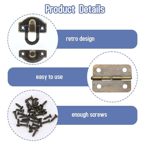 Retro Bronze Box Hinges And Latch Kit With Screws For Jewelry Boxes And Small Cabinets, DIY Craft Set details with latches, hinges, and screws.