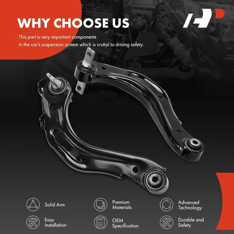 Rear Upper Control Arms Set of Two With Bushings for Honda Civic 2008 Through 2015 and Acura ILX 2013 Through 2021, displayed on a dark background, showcasing solid build and bushings.