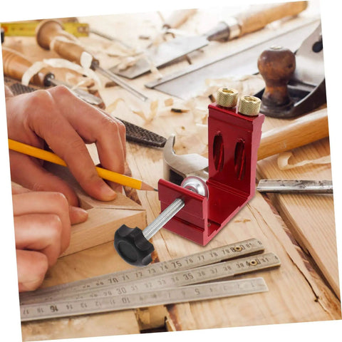 Pocket Hole Jig For Woodworking With Quick Clamp And Drilling Locator Guide Rail on a workbench with tools and a ruler.