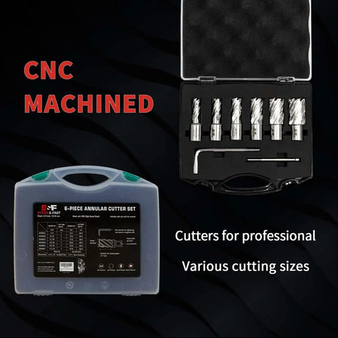 Six Piece Annular Cutter Set For Magnetic Drill Press With Weldon Shank Three Quarter Inch And One Inch Cutting Depth Diameters From One Half To One And One Sixteenth Inch M2AL HSS Steel Core Bits Kit For Durable Drilling By S F Stead And Fast in open and closed carry case view