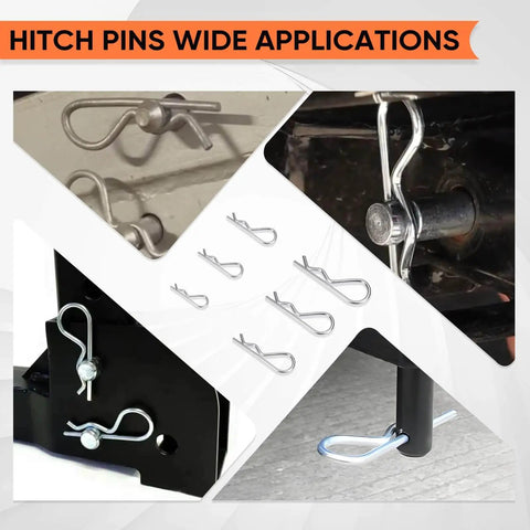 80Pcs Hitch Pin And Cotter Pin Kit With Six Sizes In 304 Stainless Steel Hairpin Fasteners For Trucks Engines And Lawn Care By Selvora Includes 2.5x50mm 3x60mm And 2x40mm All In One Heavy Duty Clip Set For Maintenance And Repairs, shown in various installation uses.
