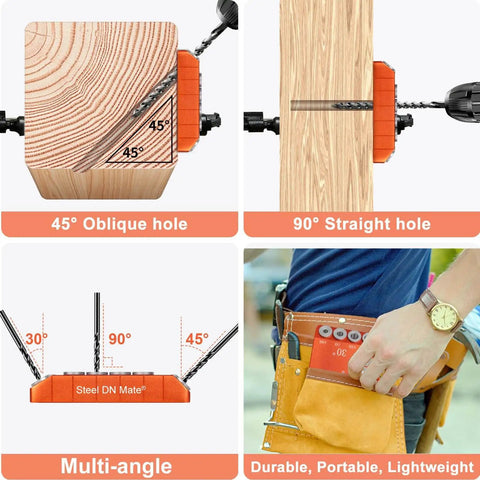 Heavy Duty Aluminum Drill Guide Jig With 30 45 90 Degree Angles Four Size Options Includes 6 Inch F Clamp For Angled And Straight Holes DIY Friendly Portable Cable Railing Drilling Template For Deck Stair And Handrail Projects showing various drilling angles and portable use