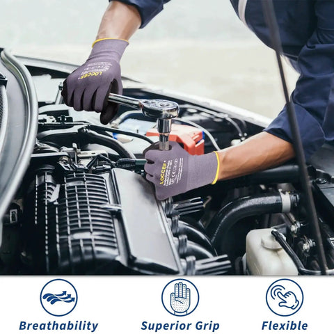 Mechanic using MicroFoam Nitrile Coated Work Gloves With Dot Grip For Dexterity 6 Pairs on car engine