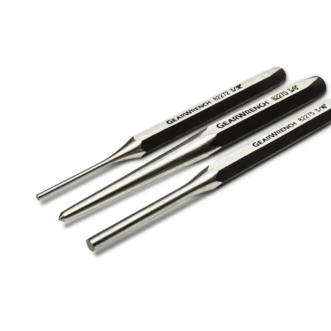 Three chrome punches from 12 Piece Punch And Chisel Chrome Set For Pros And DIYers, a real workhorse that cuts rivets bolts and nuts.