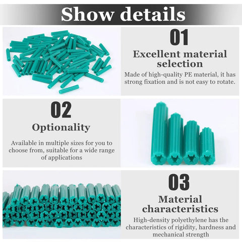 Expanding Plastic Screw Anchors 200-Piece Green Anchor Set With 1/4 Inch Hole For Concrete, Tile And Cement Surfaces details