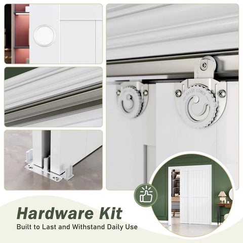 Sliding Closet Doors 60x80 Inches With White Bypass Barn Door Hardware Kit showing detailed hardware and installed view