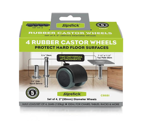 Packaging of 2 Inch Floor Protector Rubber Caster Wheels Set Of 4 With 5 Sixteenth Inch Stem Or Top Plate Mounting For Hard Floors.