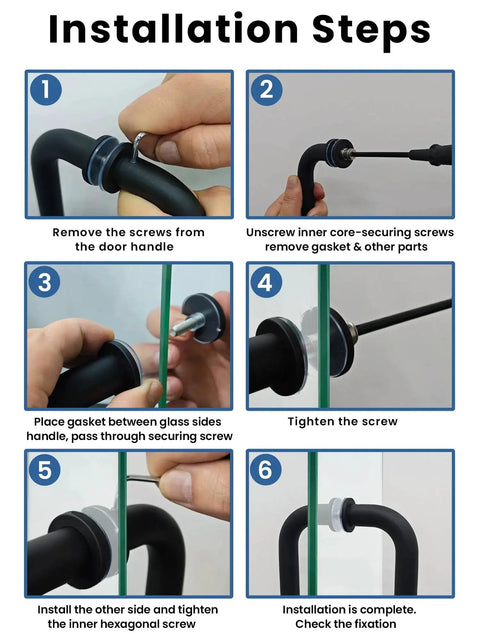 Installation steps for 8 Inch Center-To-Center Shower Door Handle 304 Stainless Steel Back-To-Back Glass Pull for Frameless Sliding Bathrooms.