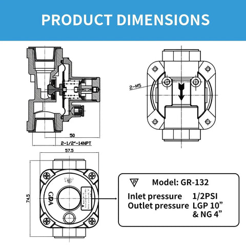 Technical diagram of Beefy 1/2 Inch Gas Pressure Regulator For Natural Gas And Propane With Two Brass Pipe Fittings, Model GR132 Weceleh.