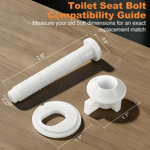 4 Sets Toilet Seat Screws Kit With Plastic Bolts Nuts And Washers To Fix A Loose Toilet Seat Durable Replacement Hardware shown with measurements