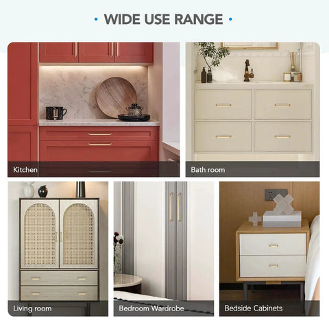 Wide use range for 10 Pack 3 Inch Champagne Bronze Cabinet Handles in kitchen, bathroom, living room, bedroom, and bedside cabinets: solid zinc alloy construction.