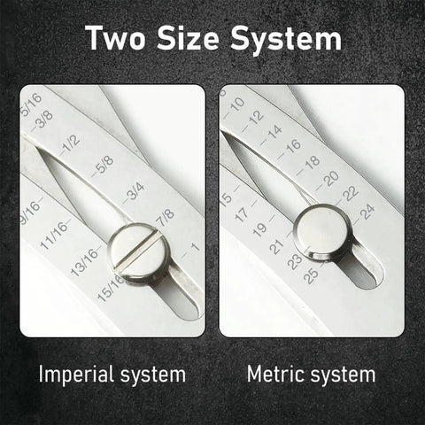 Portable Precise Thread Size Checker Keychain Two Vernier Calipers For Quick Nut And Bolt Size Finder And Verification showing metric and imperial scales