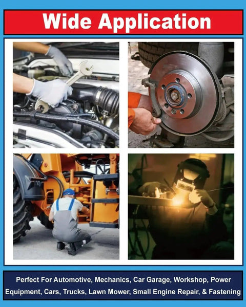Wide application scenes for 300 Piece Cotter Pins Assortment Kit in 7 sizes, used in automotive and lawn mower repairs.