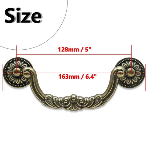 4 Pack Vintage Drop Bail Drawer Pulls Antique Bronze Cabinet Handles shown with 5 inch hole spacing and 6.4 inch total length