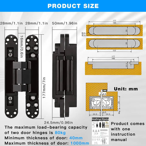 Diagram showing product size and dimensions of Hidden Door Hinges 7 Inch Set Heavy Duty Concealed Hinges Adjustable 180 Degree 3D.