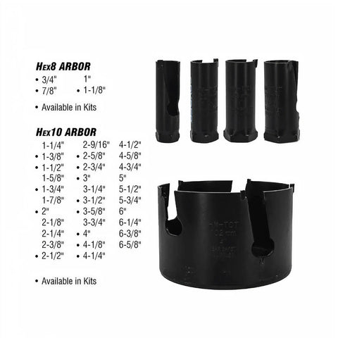 Pro Grade Tungsten Carbide Tipped Hole Saw Kit With 12 Saws From Three Quarters To Four And A Half Inches with arbors and sizes listed