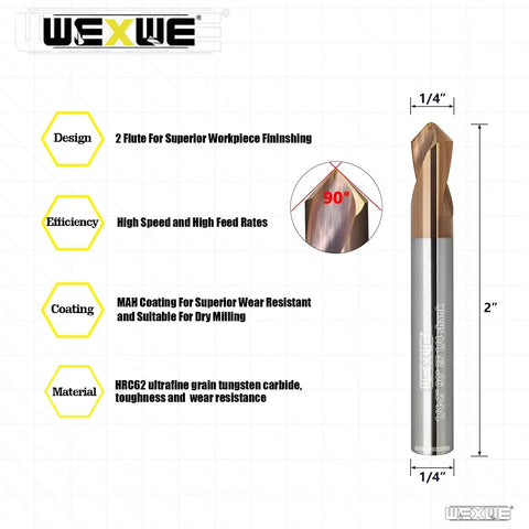 Chamfer End Mill With 90 Degree Drill Tip For Carving, Drilling And Chamfering In Alloy Steel And Hardened Steel, Quarter Inch Shank, 2 Inch Overall Length, 2 Flute V Bit By WEXWE Tools