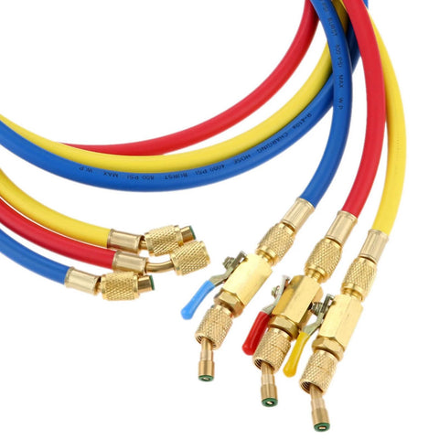 Three-color refrigerant A/C charging hoses with brass fittings and ball valves, 60 in long, 1/4 in SAE connectors for R410A/R134A HVAC.