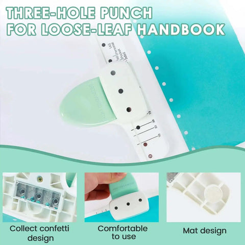3 Hole Paper Puncher with ergonomic handle, compact design for A8 to A5 notebooks, detailed view with comfortable grip and durable ABS material