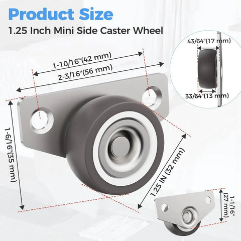 Mini Side Mount Casters 1.25 Inch Low Profile Rigid Non Swivel Rubber Wheels for sliding doors, drawers, cabinets, quiet movement