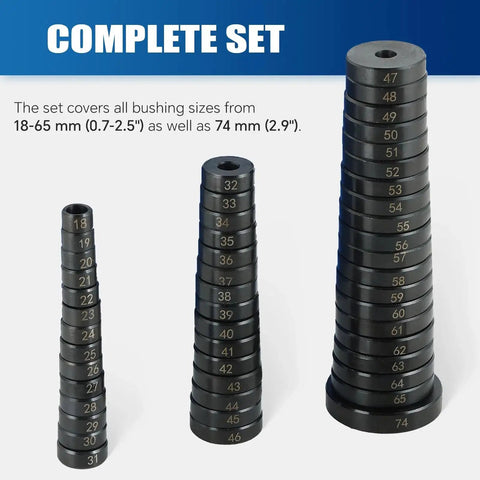 52 Piece Bearing And Seal Driver Set With Interchangeable Heads showcasing disc sizes from 18mm to 74mm for bearings and bushings.
