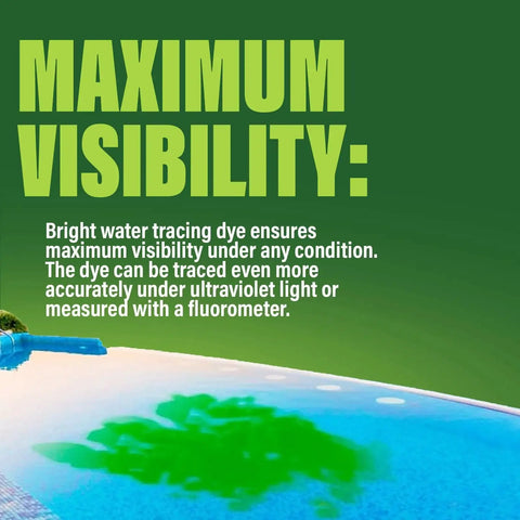 Fluorescent Green Water Tracing Dye For Leaks And Flow Analysis In Pools, visible in bright green under water surface for leak detection.
