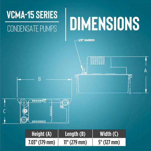 VCMA-15 condensate pump dimensions diagram showing height 7.03 in, length 11 in, width 5 in.