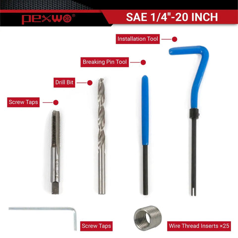 1/4-20 Helicoil Thread Repair Kit With HSS Drill Bit And Thread Inserts, SAE Internal Thread Rethreading Tool Set