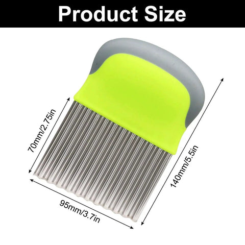 2 Pack Crinkle Cutter For Veggies And Potatoes Wavy Slicer Chopper Stainless Steel French Fry Cutter with green handle, size labeled