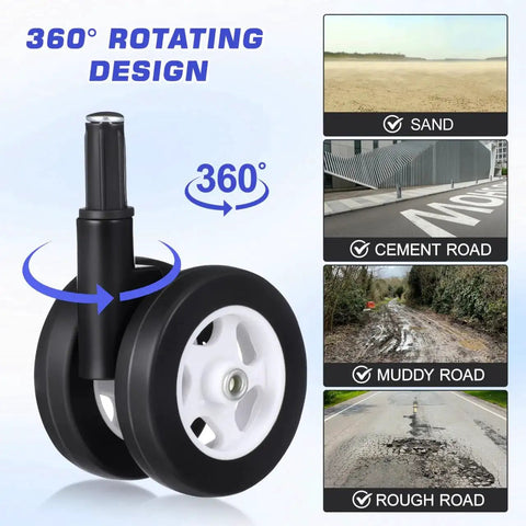 4 Pcs Baby Walker Wheel Replacement Casters with 0.3 Inch Mounting Hole for Baby Strollers, showing 360-degree swivel design on various terrains