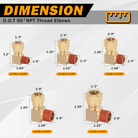 Brass DOT compression fittings, 5-pack; 90° NPT elbow set with assorted 1/4–1/2 in OD x NPT sizes