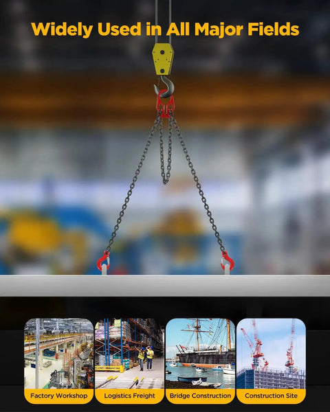 Heavy-duty lifting chains with adjustable hooks, dual-leg sling, 3/8 in x 10 ft, 7500 lb capacity